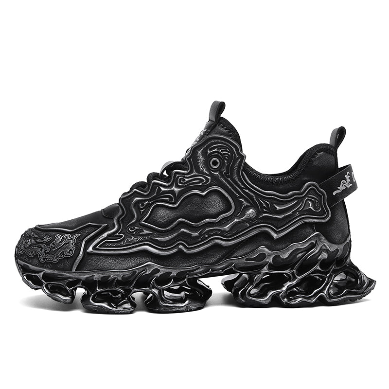 A single black chunky sneaker with an intricate, layered, cloud-like sculpted sole and matching embossed patterns on the upper, shown from a side profile against a white background.