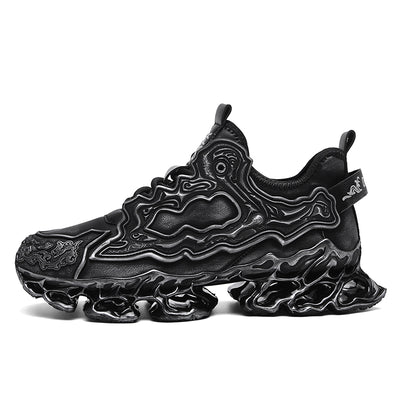 A single black chunky sneaker with an intricate, layered, cloud-like sculpted sole and matching embossed patterns on the upper, shown from a side profile against a white background.