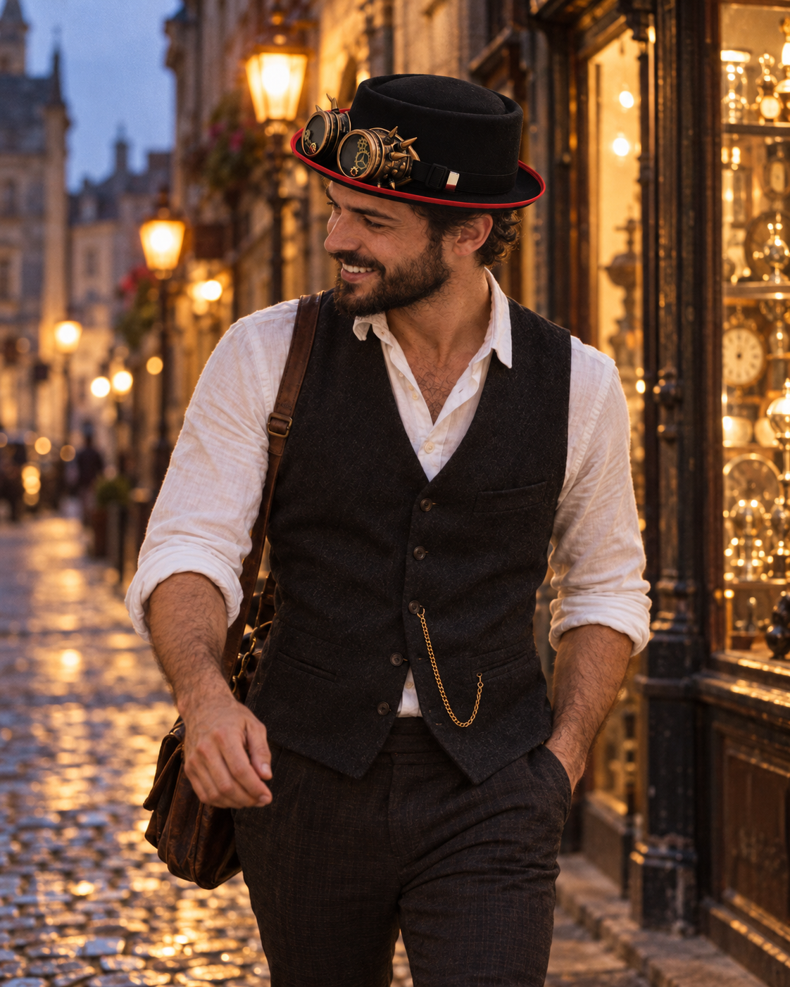 ROBERT men's steampunk pork pie hat with brass goggles, worn by a man in a waistcoat on a cobbled street at dusk