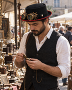 ROBERT men's steampunk pork pie hat with brass goggles, worn by a man browsing an antique market