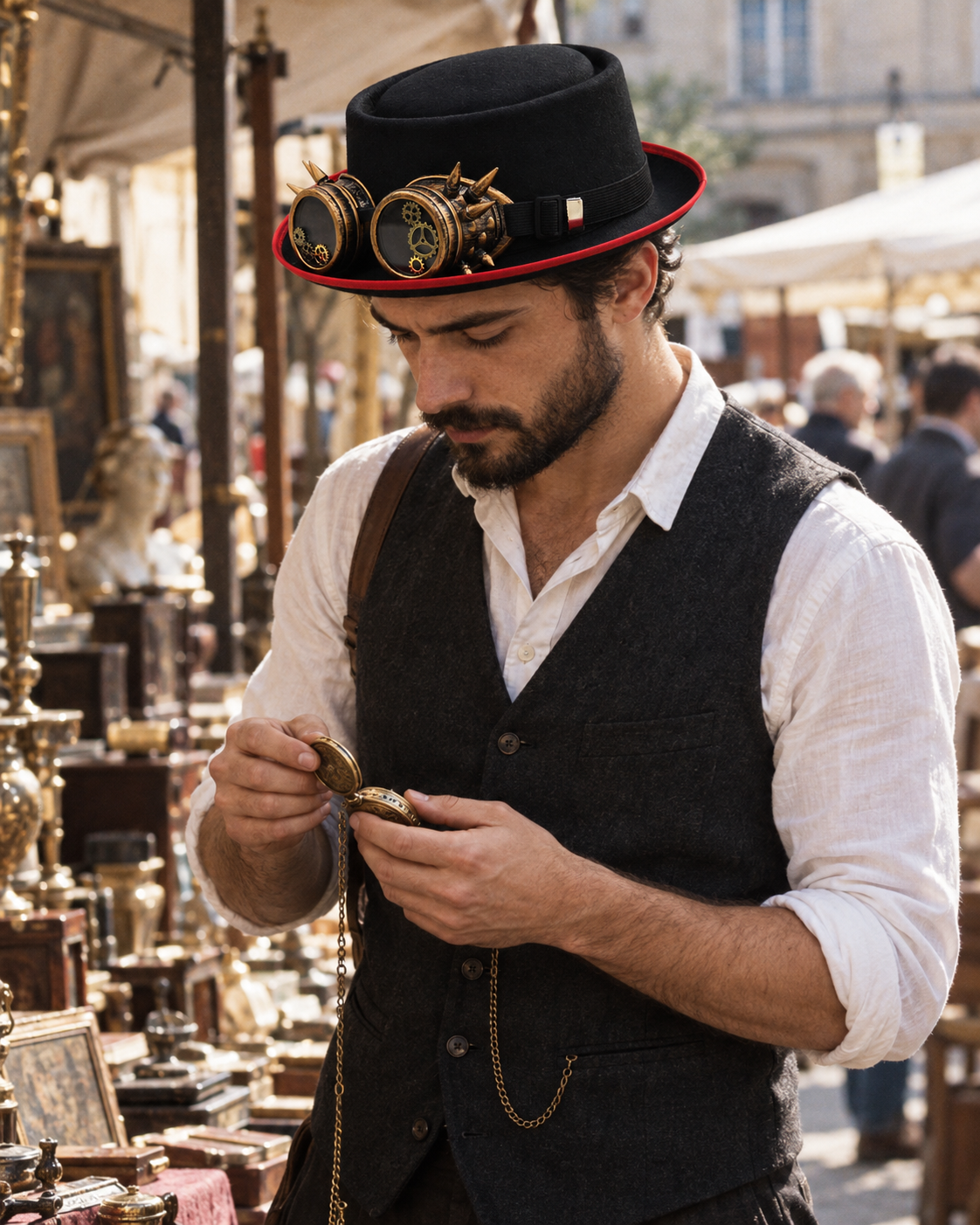 ROBERT men's steampunk pork pie hat with brass goggles, worn by a man browsing an antique market