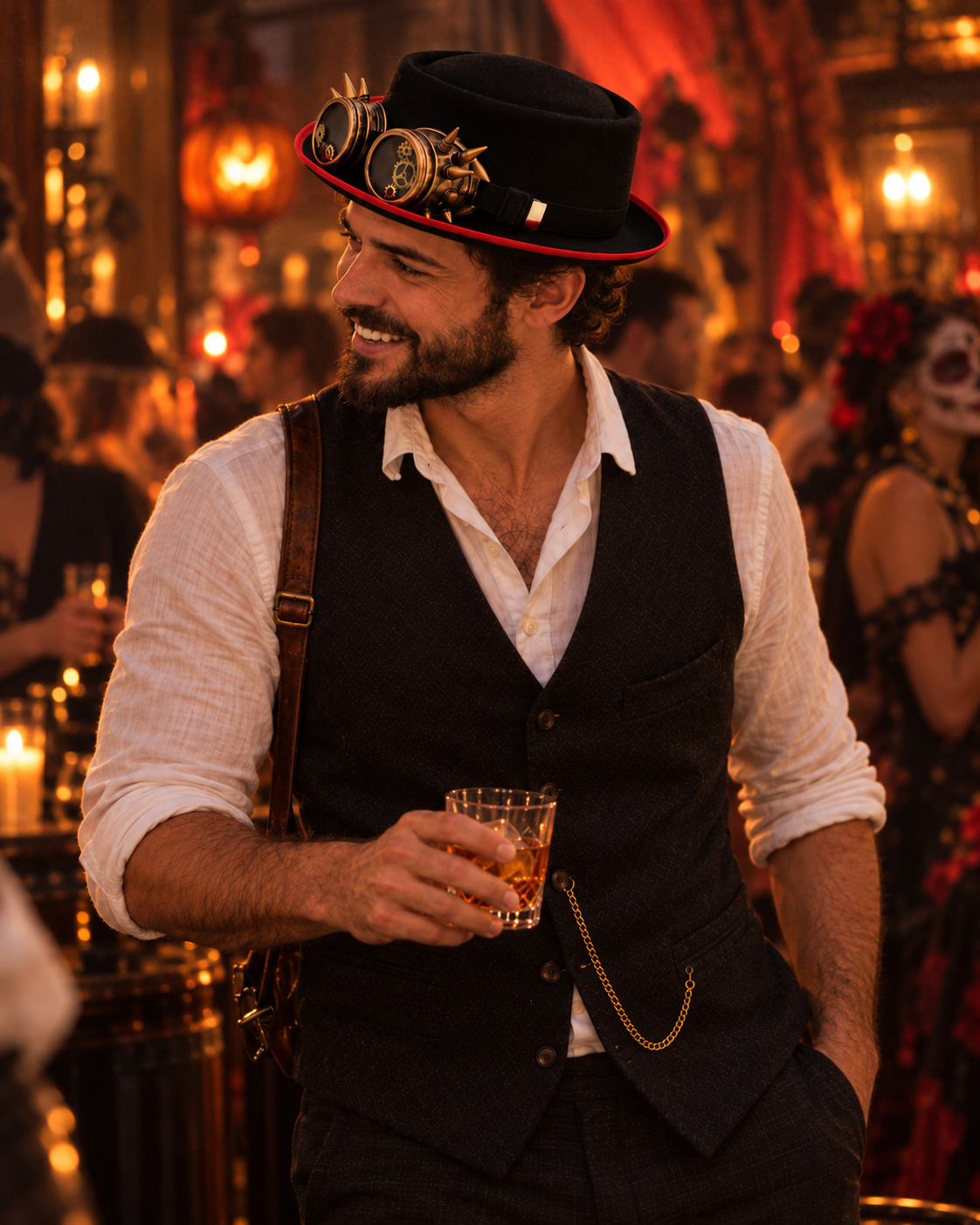 ROBERT men's steampunk pork pie hat with brass goggles, worn by a man at a Halloween party