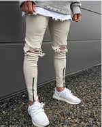 Khaki Skinny Knee Ripped Ankle Zipper Jeans