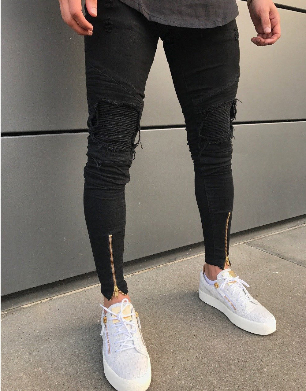 Premium Ripped Ankle Zipper Black Biker Jeans in Black