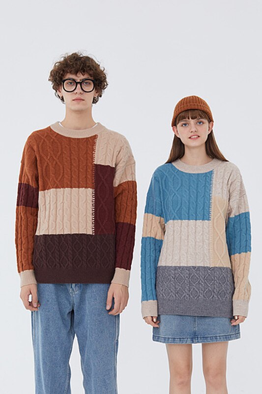 Colour Block Cable-knit Oversized Sweater