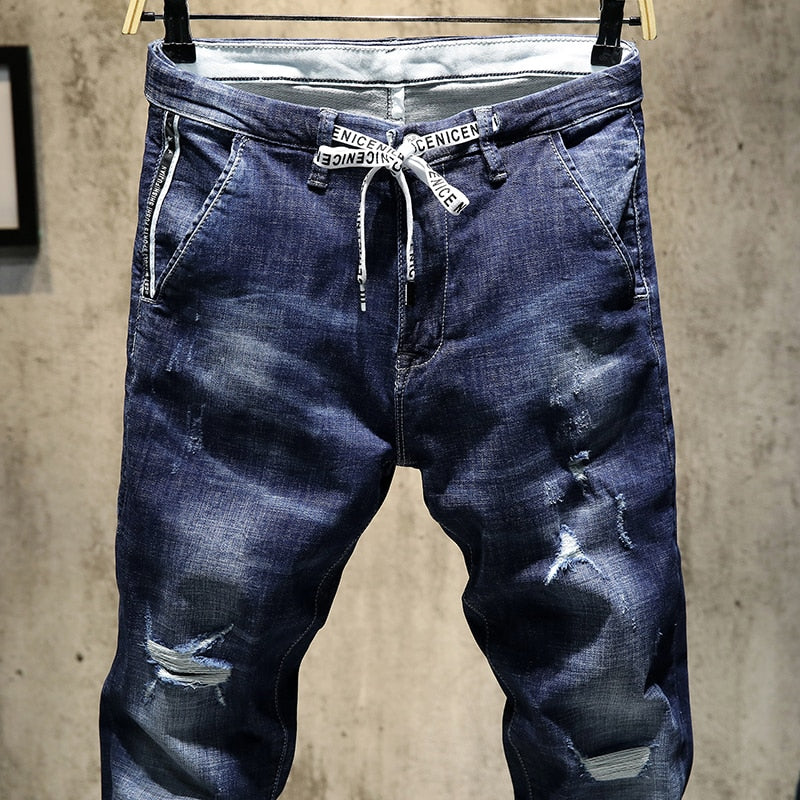 Distressed Ripped Skinny Tapered Jeans w/ Drawstring