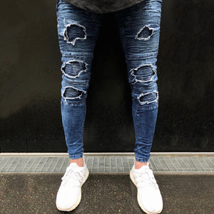 Blue Skinny Pleated Knee Ripped Jeans