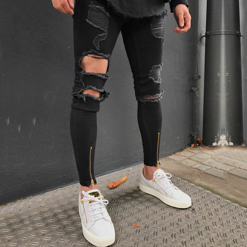 Black Skinny Ripped Ankle Zipper Jeans