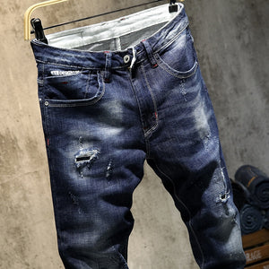 Destroyed Ripped Ankle-Length Tapered Jeans - Dark Blue