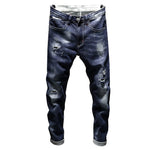 Destroyed Ripped Ankle-Length Tapered Jeans - Dark Blue