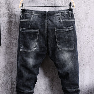 Skinny Destroyed Tapered Jeans w/ Drawstring - Dark Grey