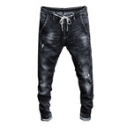 Skinny Destroyed Tapered Jeans w/ Drawstring - Dark Grey in Black