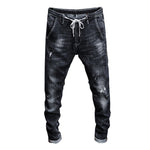 Skinny Destroyed Tapered Jeans w/ Drawstring - Dark Grey