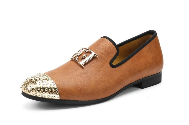 Luxury Handcrafted Gold Metal Toe Loafers in ORANGE