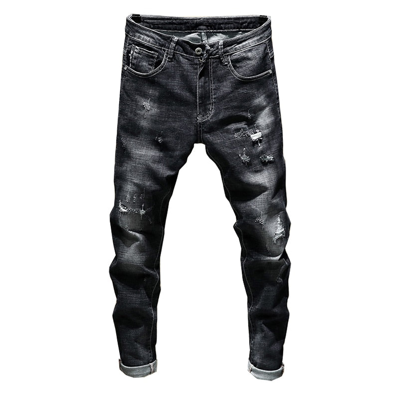 Distressed Ripped Skinny Tapered Jeans - Black in Black