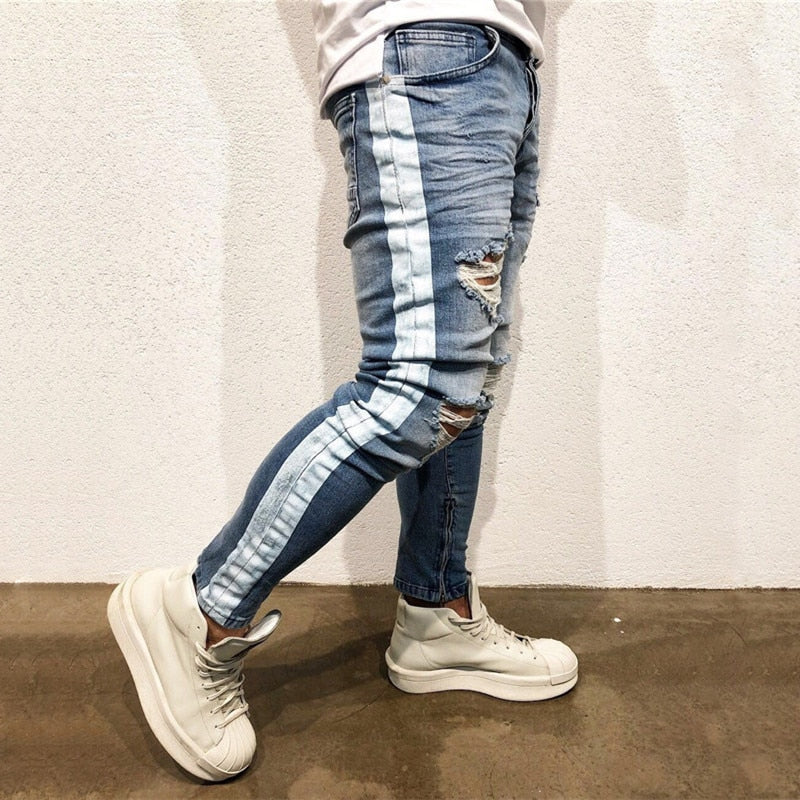 Destroyed Knee Ripped Side Stripe/Zipper Skinny Jeans