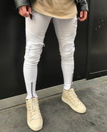 Premium White Ripped Skinny Ankle Zipper Jeans