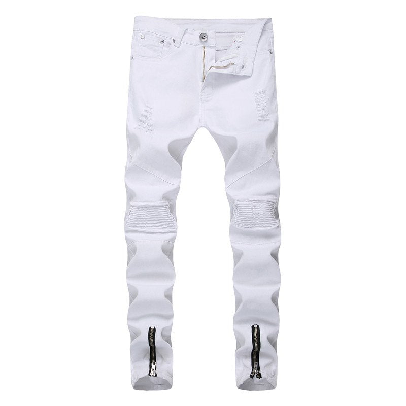 Premium White Ripped Skinny Ankle Zipper Jeans