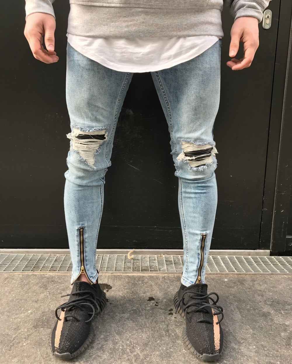 Light Blue Acid Wash Skinny Ripped Ankle Zipper Jeans in Blue
