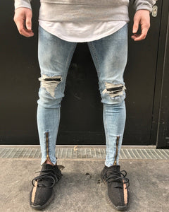 Light Blue Acid Wash Skinny Ripped Ankle Zipper Jeans