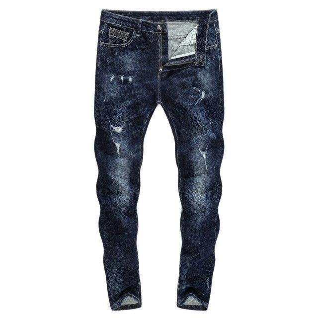 Skinny Ripped Tapered Jeans - Dark Blue in Blue
