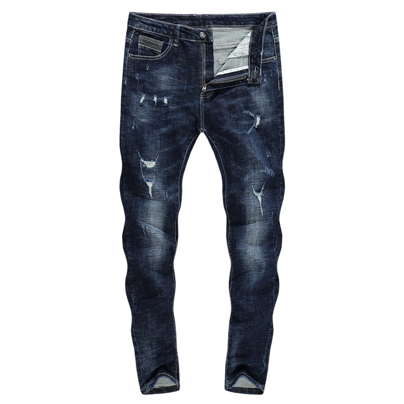 Skinny Ripped Tapered Jeans - Dark Blue