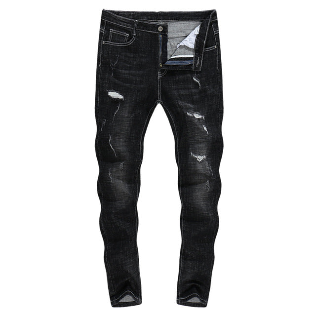 Vintage Distressed Ripped Skinny Tapered Jeans - Black in Black