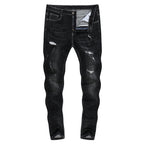 Vintage Distressed Ripped Skinny Tapered Jeans - Black in Black