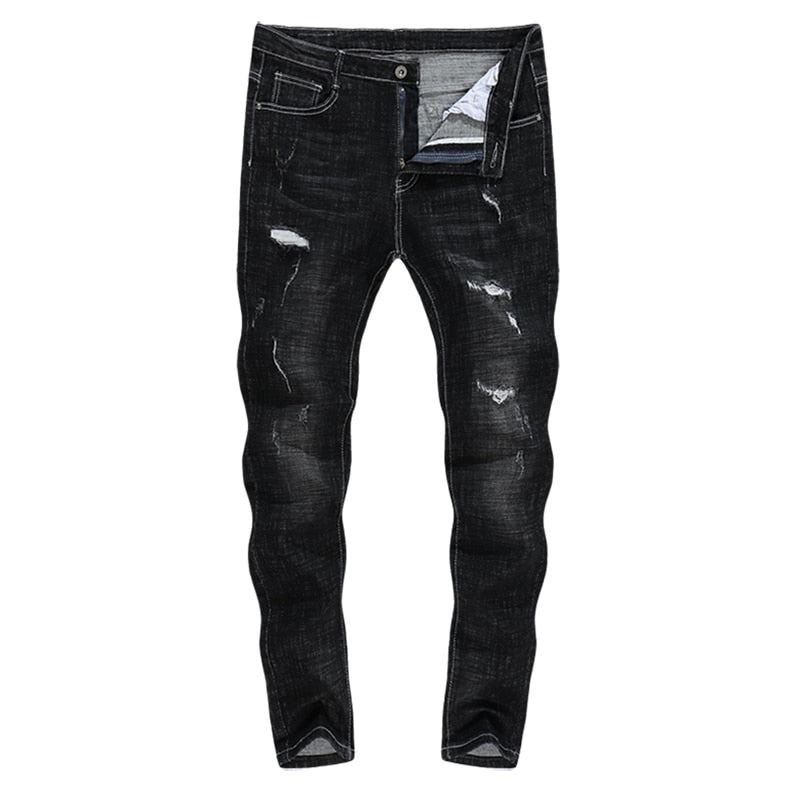 Vintage Distressed Ripped Skinny Tapered Jeans - Black