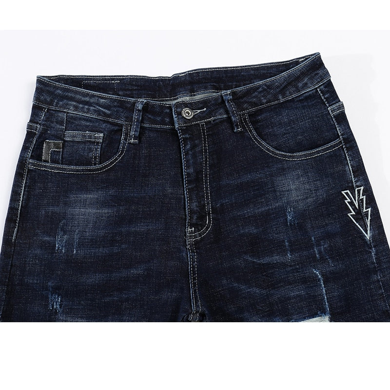 Skinny Ripped Embroidered Arrow Tapered Jeans - Dark Blue