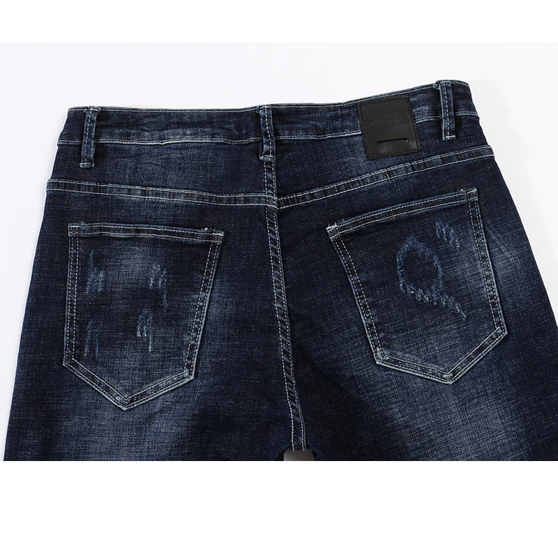 Skinny Ripped Embroidered Arrow Tapered Jeans - Dark Blue