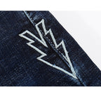 Skinny Ripped Embroidered Arrow Tapered Jeans - Dark Blue