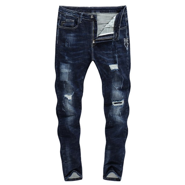Skinny Ripped Embroidered Arrow Tapered Jeans - Dark Blue in Dark Blue