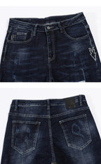 Skinny Ripped Embroidered Arrow Tapered Jeans - Dark Blue