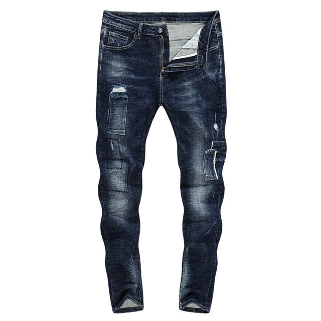 Distressed Ripped Patchwork Skinny Tapered Jeans - Blue