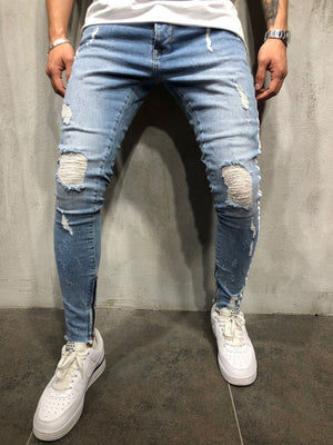 Light Blue Ripped Skinny Side Stripe & Ankle Zipper Jeans