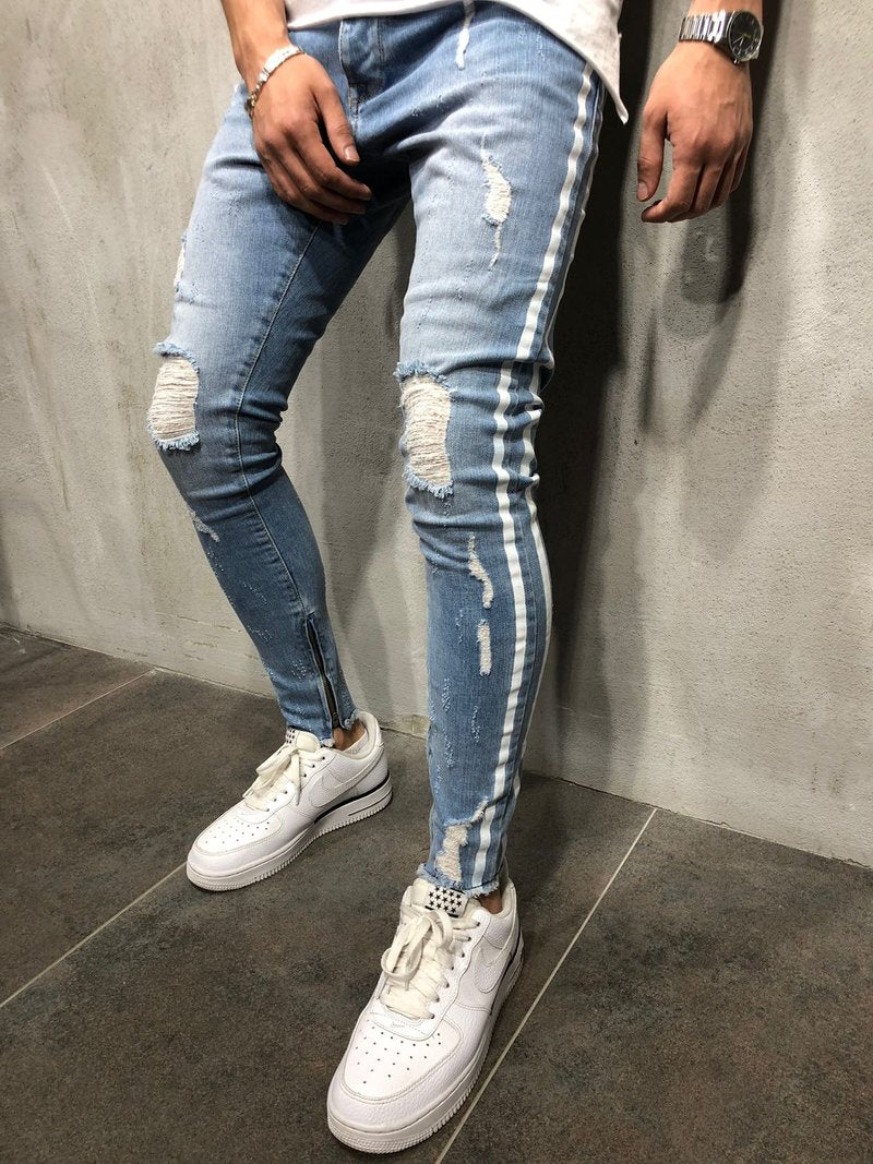 Light Blue Ripped Skinny Side Stripe & Ankle Zipper Jeans