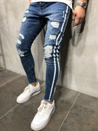 Dark Blue Ripped Skinny Side Stripe & Ankle Zipper Jeans in Dark Blue
