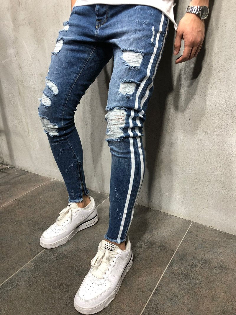 Dark Blue Ripped Skinny Side Stripe & Ankle Zipper Jeans in Dark Blue