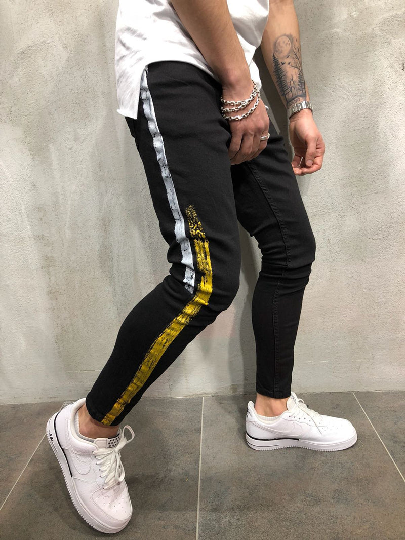 Black Skinny Side Stripe Paint Print Jeans in Black - Yellow/White Stripe