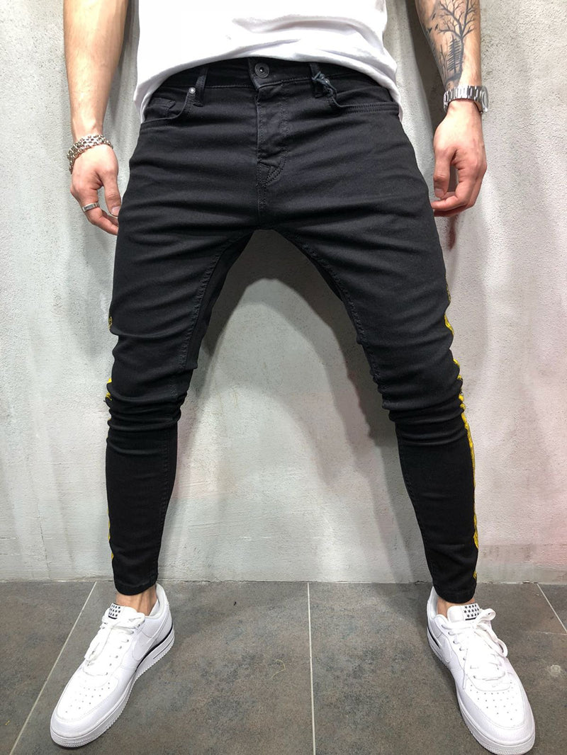 Black Skinny Side Stripe Paint Print Jeans