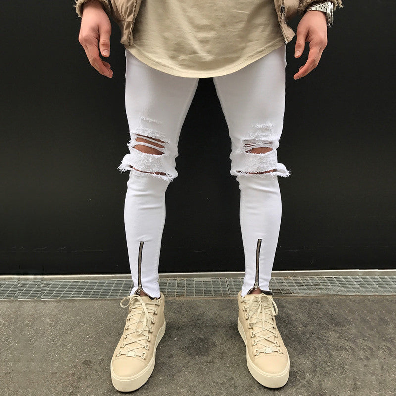 White Skinny Knee Ripped Ankle Zipper Jeans