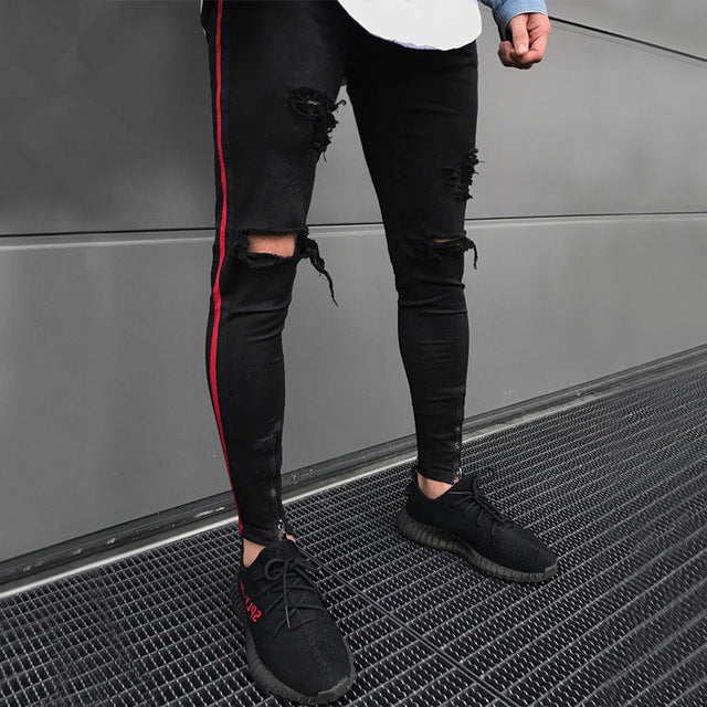 Black Skinny Ripped Side Stripe/Ankle Zipper Jeans