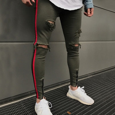 Green Skinny Ripped Side Stripe/Ankle Zipper Jeans