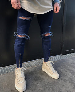 Blue Skinny Knee Ripped Ankle Zipper Jeans