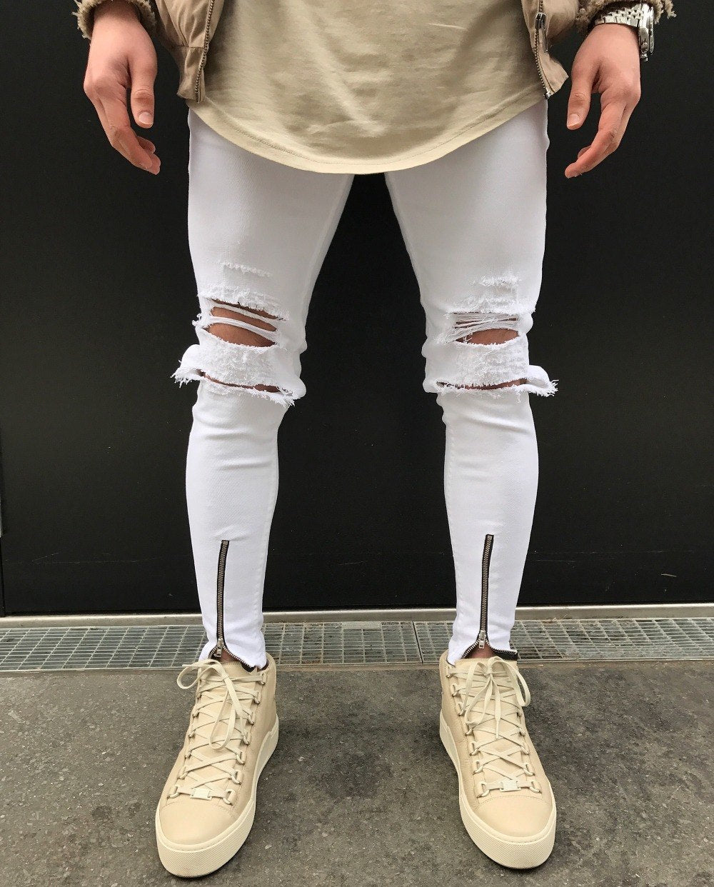 White Skinny Knee Ripped Ankle Zipper Jeans