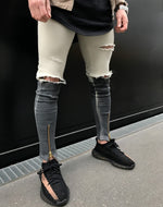 Dual Tone Skinny Ripped Ankle Zipper Jeans