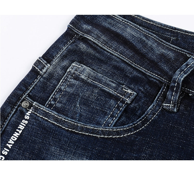 Skinny Printed Stripe Tapered Jeans - Deep Blue