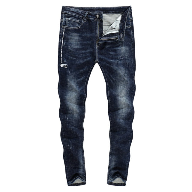 Skinny Printed Stripe Tapered Jeans - Deep Blue in Deep Blue