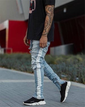 Distressed Knee Ripped Side Stripe Ankle Zipper Jeans